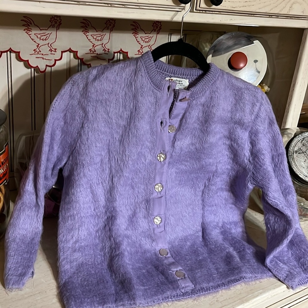 Vintage Lilac cardigan 75% mohair 25% wool college town of Boston